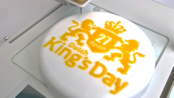 A cake 3D-printed with the Focus 3D Food Printer for King's Day 2018
